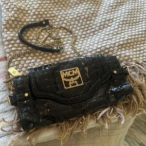 MCM Glossy Black Embossed Clutch